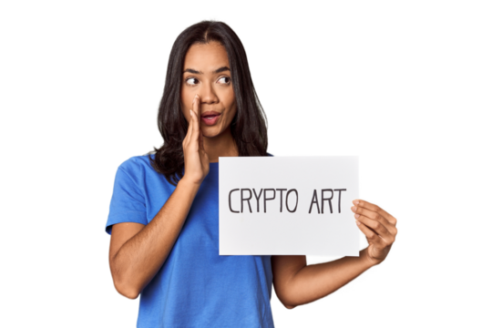 Woman with "crypto art" sign in studio is saying a secret hot braking news and looking aside