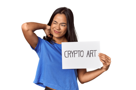Woman with "crypto art" sign in studio touching back of head, thinking and making a choice.