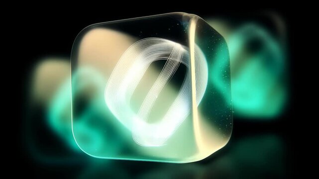 3D glass app icon with glowing white infinity loop symbol inside rotating on dark background