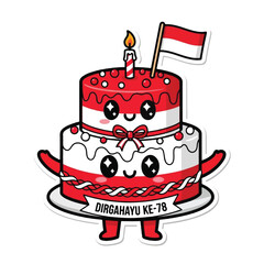 Cartoon cake decorated with Indonesian flag colors, a candle, and the text 