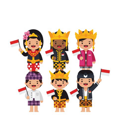 Cartoon depiction of diverse Indonesian children in traditional attire, holding flags.