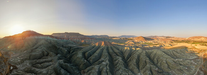 Aerial panoramic view of Nallıhan in Turkey, showcasing colorful geological formations and eroded...