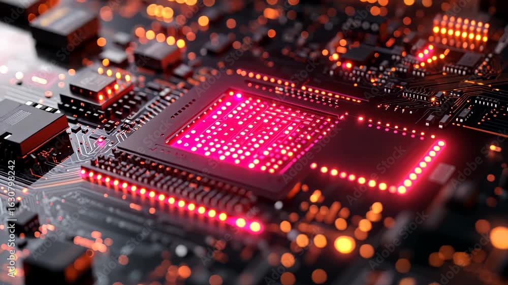 Aufkleber close-up of a futuristic high tech glowing red computer cpu chip on a circuit board