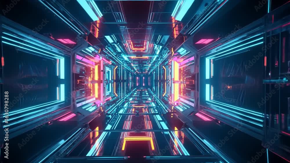 Poster futuristic corridor with immersive neon lights in blue, pink, and orange, showcasing sleek design an