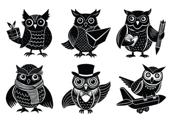 Set of Cute Cartoon Owl Silhouettes with Accessories

