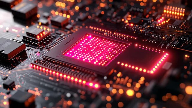 Close-up of a futuristic high tech glowing red computer CPU chip on a circuit board