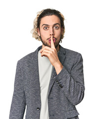 Young businessman in casual blazer keeping a secret or asking for silence.