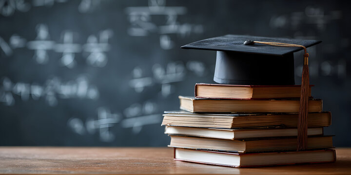 Black Graduation Cap on Stack of Old Books Against a Chalkboard with Math Equations