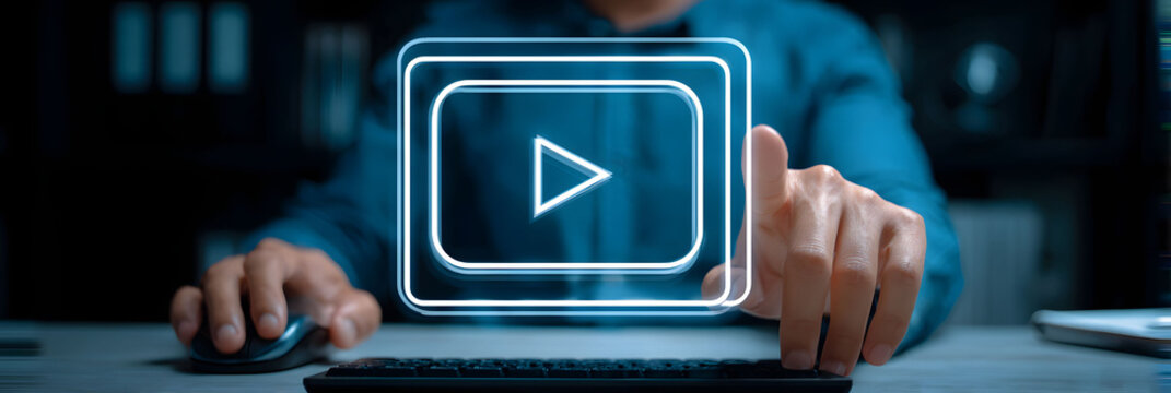 Person's Hand Interacting with a Glowing Digital Play Button on a Computer Keyboard - Powered by Adobe