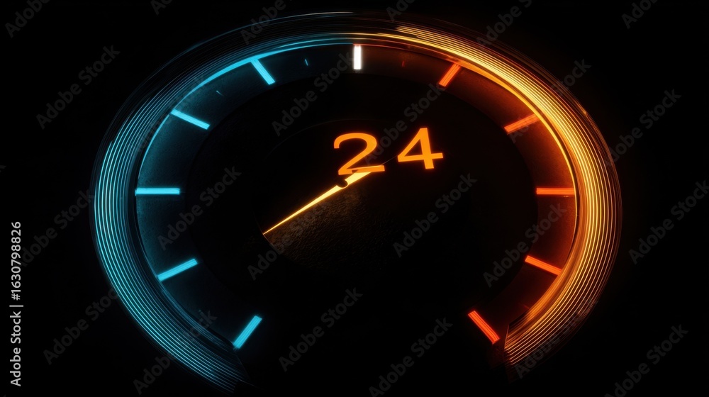 Poster scene style image of 24hour dial glowing emphasizing seamless interplay of cool and warm colors repr