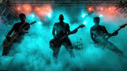 Rock band performing on stage, enveloped in turquoise smoke