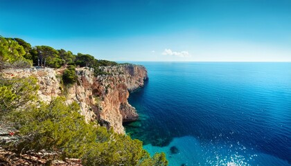 Fototapeta premium landscape with sharp cliff in rocky shore covered with dense southern vegetation and wonderful clean turquoise water mediterranean sea far below
