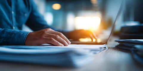 Closeup of Man's Hands Typing on Laptop with Documents, Blue Toned