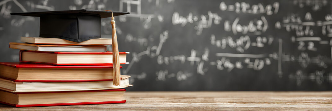 Black Graduation Cap on Stack of Old Textbooks Against Chalkboard with Equations