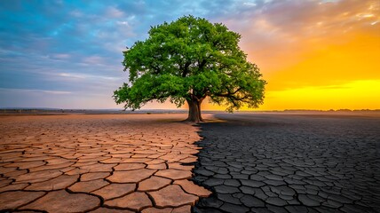 Lone tree in split landscape showing dry cracked earth and green fertile soil