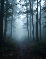 Fototapeta premium Misty Forest Path A Moody Landscape with Tall Trees and a Winding Trail