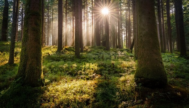 luminous forest capturing the mystical aura of an ancient woodland sunlight pierces through the towering trees casting an ethereal glow on the scene below