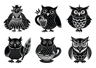 Set of Cute Cartoon Owls Sitting on Different Props

