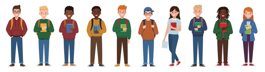 Naklejka premium Multiracial students standing in a row holding books on white background 