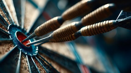 Three darts hitting the bullseye of a dartboard