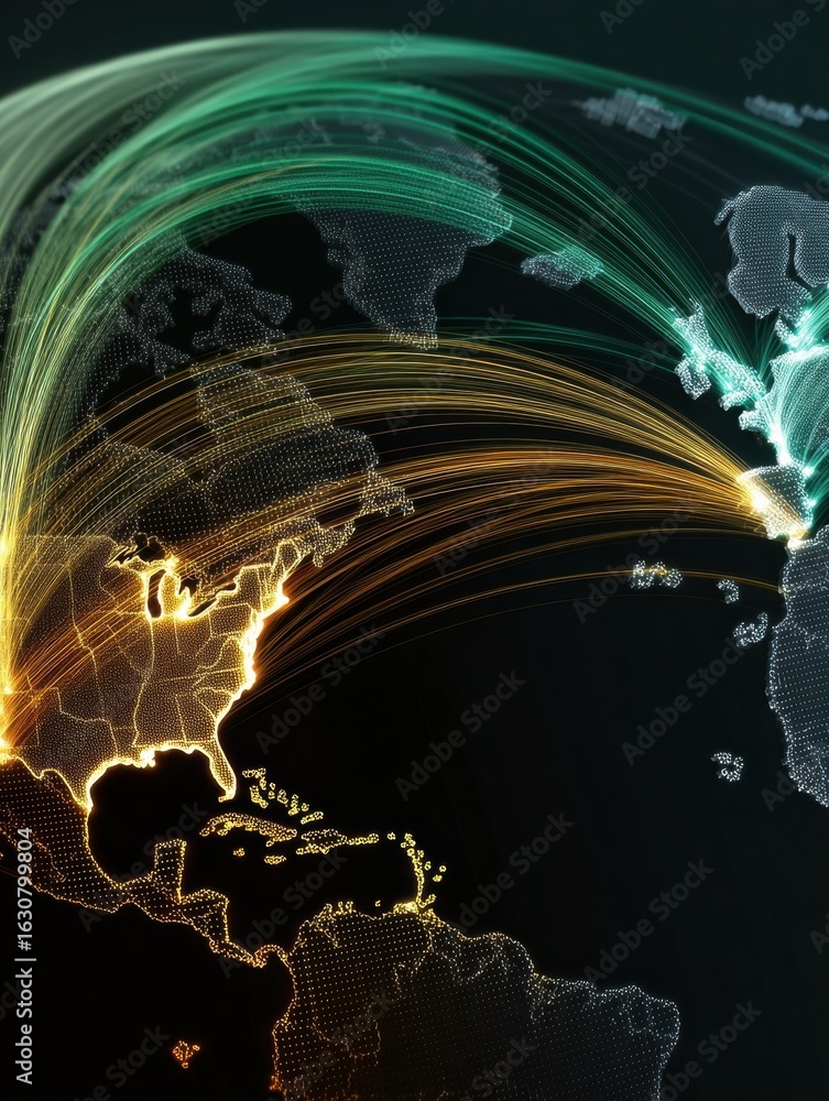 Poster visual representation of global connectivity with data streams illustrating international communicat