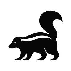 Simple black silhouette of a skunk with a bushy tail walking on a white background