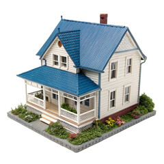 Model house with blue roof isolated on transparent background  
