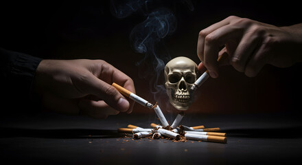 Two Hands Breaking Cigarettes Against a Skull on Dark Background
