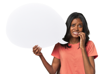 Indian woman with dialogue bubble biting fingernails, nervous and very anxious.
