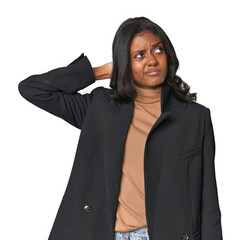 Young Indian woman in business suit touching back of head, thinking and making a choice.