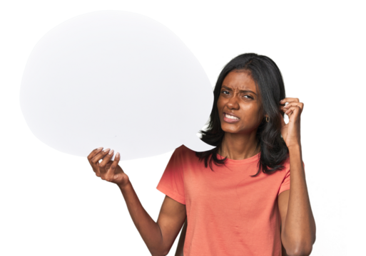 Indian woman with dialogue bubble covering ears with hands.