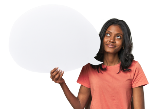 Indian woman with dialogue bubble dreaming of achieving goals and purposes