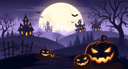 Spooky halloween night scene with glowing jack o lanterns and haunted castles under a large full moon