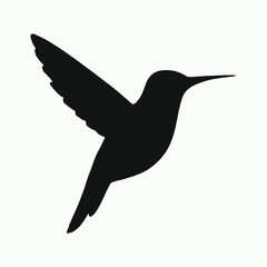 Silhouette of a hummingbird in flight with wings spread against a white background