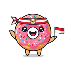 Fototapeta premium A cartoon donut character wearing a headband and holding an Indonesian flag, smiling with sparkling eyes.