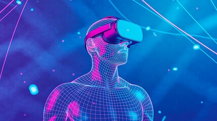 Person using virtual reality headset in futuristic digital environment