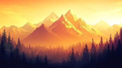 Obraz premium A stunning sunset view of majestic mountains surrounded by lush evergreen trees, showcasing vibrant colors and serene natural beauty.