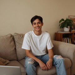 A young man smiles brightly while seated comfortably on a couch