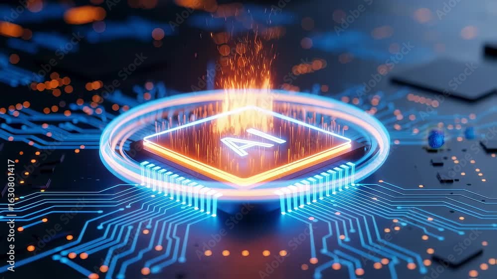 Poster highdefinition animation of rotating neon chip labeled ai set against a sleek blue and orange digita
