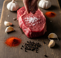 Surowy stek wołowy. Przyprawianie mięsa.