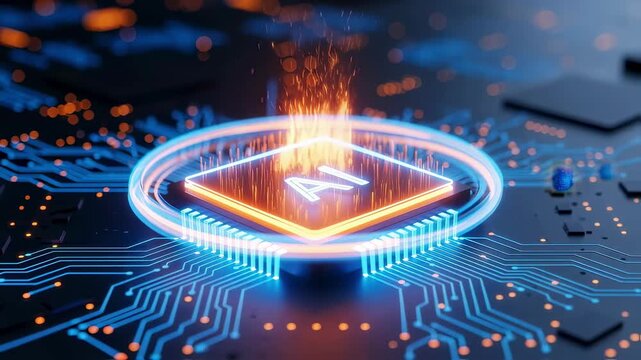 Highdefinition animation of rotating neon chip labeled AI set against a sleek blue and orange digital circuit layout.