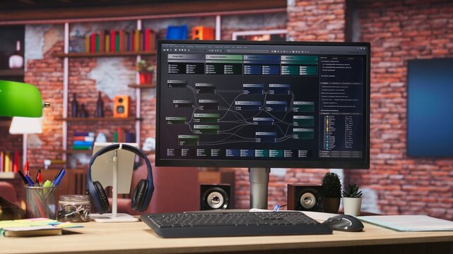 Software development being done on PC, implementing algorithms. Machine learning app on computer screen in home office used for building applications and optimizing performance