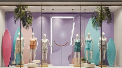 Stylish boutique display showcasing summer swimwear with mannequins and vibrant background