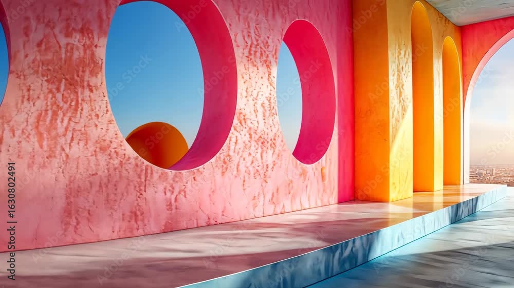 Poster abstract colorful architectural interior with circular windows and arches structure