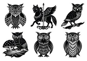 Cartoon Owl Silhouettes with Different Facial Expressions

