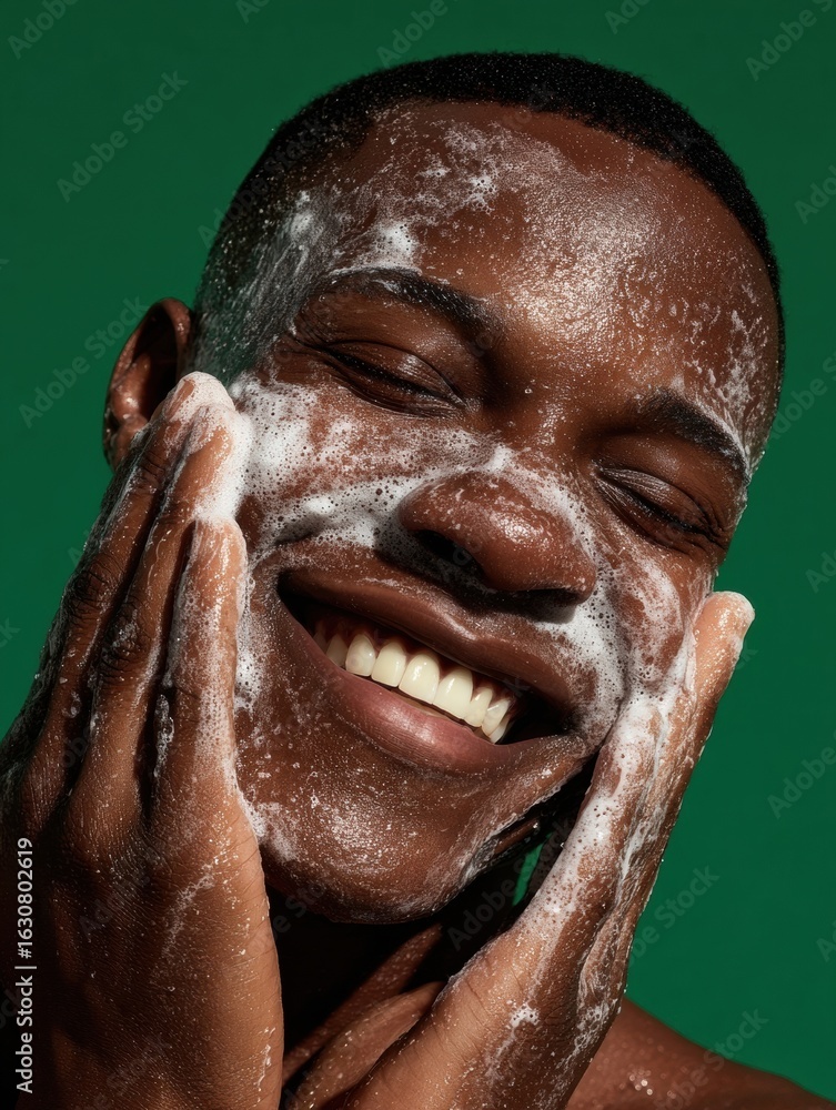 Poster man enjoying a refreshing skincare routine while cleansing his face with foam against a vibrant gree