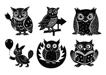 Set of Decorative Cartoon Owl Silhouettes in Various Styles

