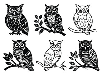 Set of Decorative Cartoon Owl Silhouettes in Various Styles

