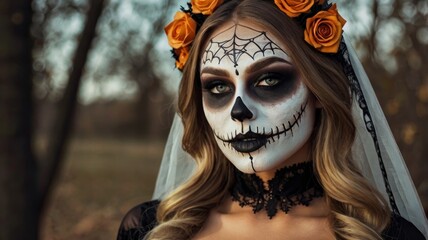 Close-up of woman in day of the dead makeup, wearing flower crown