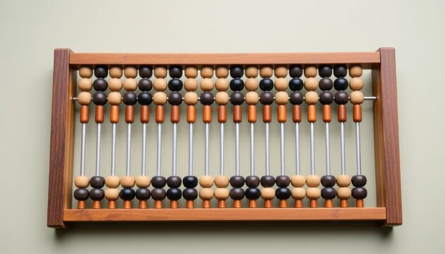 Close-up view of a traditional wooden abacus for counting and arithmetic calculations